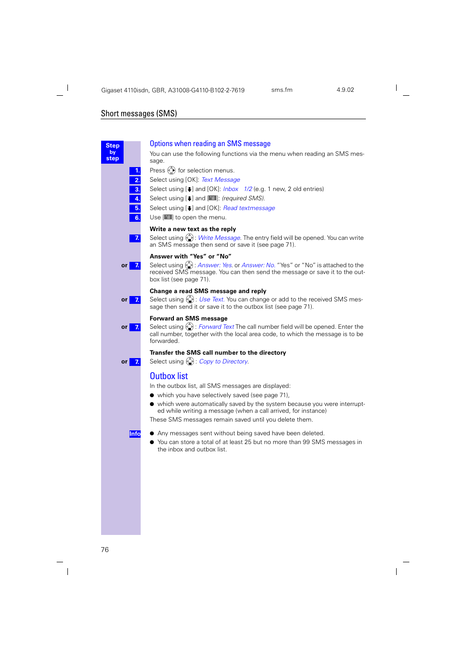 Outbox list, Options when reading an sms message, Short messages (sms) | Siemens 4110 User Manual | Page 77 / 116