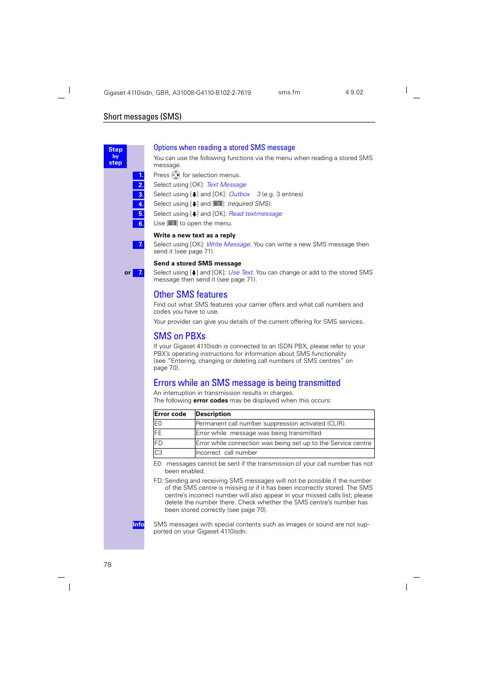 Other sms features, Sms on pbxs, Errors while an sms message is being transmitted | Options when reading a stored sms message, Short messages (sms) | Siemens 4110 User Manual | Page 79 / 116