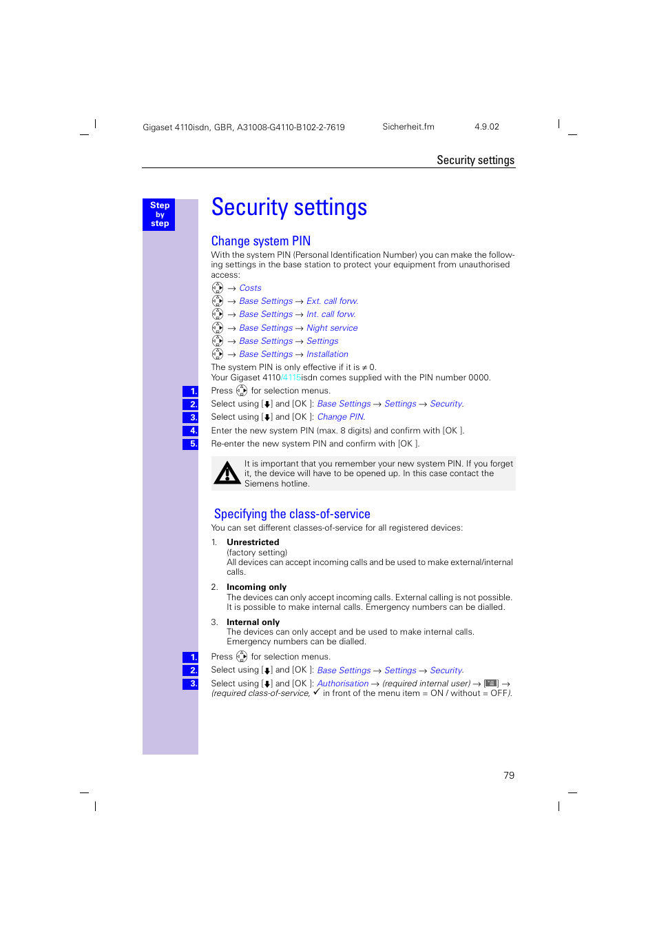 Security settings, Change system pin, Specifying the class-of-service | Siemens 4110 User Manual | Page 80 / 116