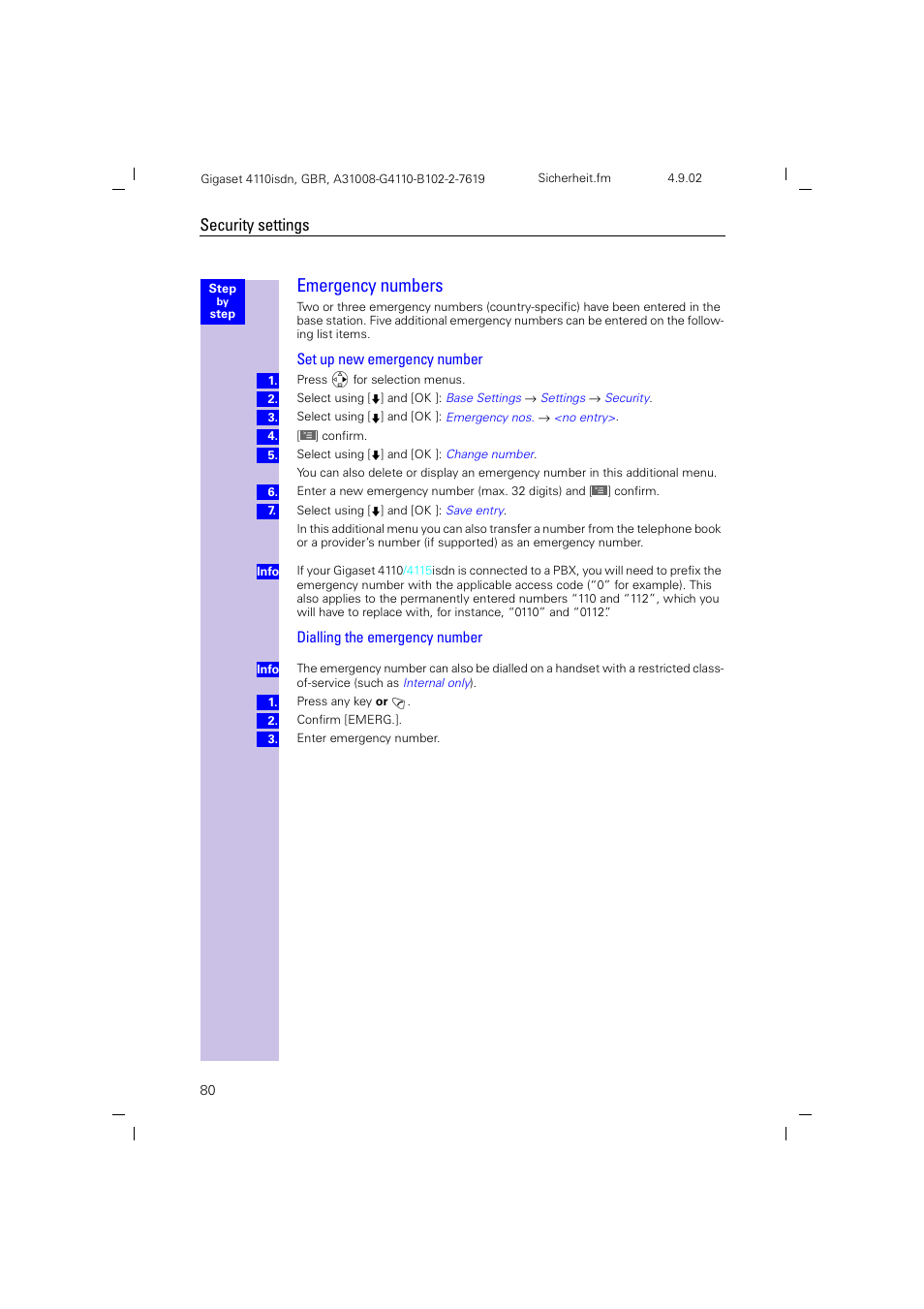 Emergency numbers, Security settings | Siemens 4110 User Manual | Page 81 / 116
