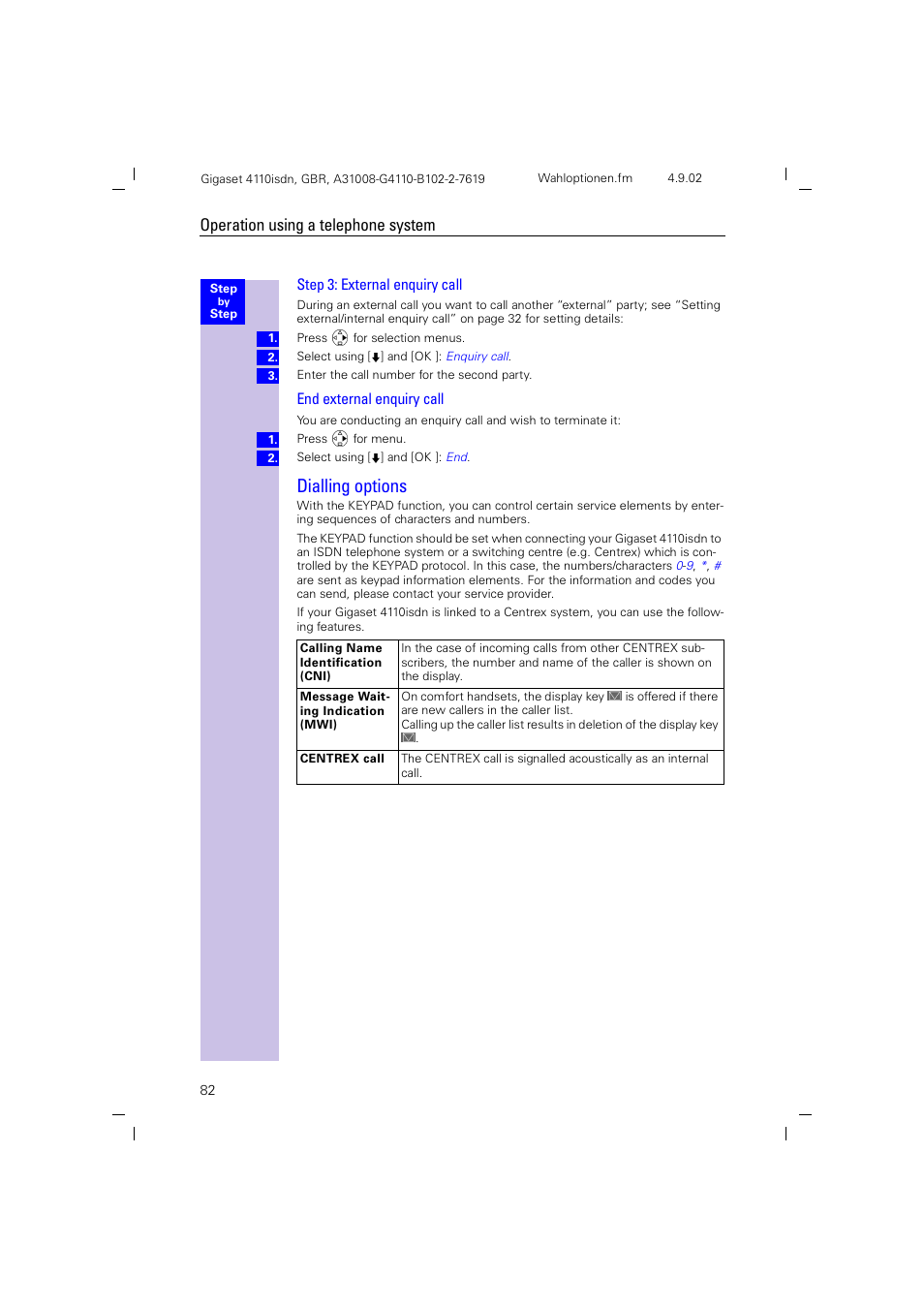 Dialling options, Operation using a telephone system | Siemens 4110 User Manual | Page 83 / 116