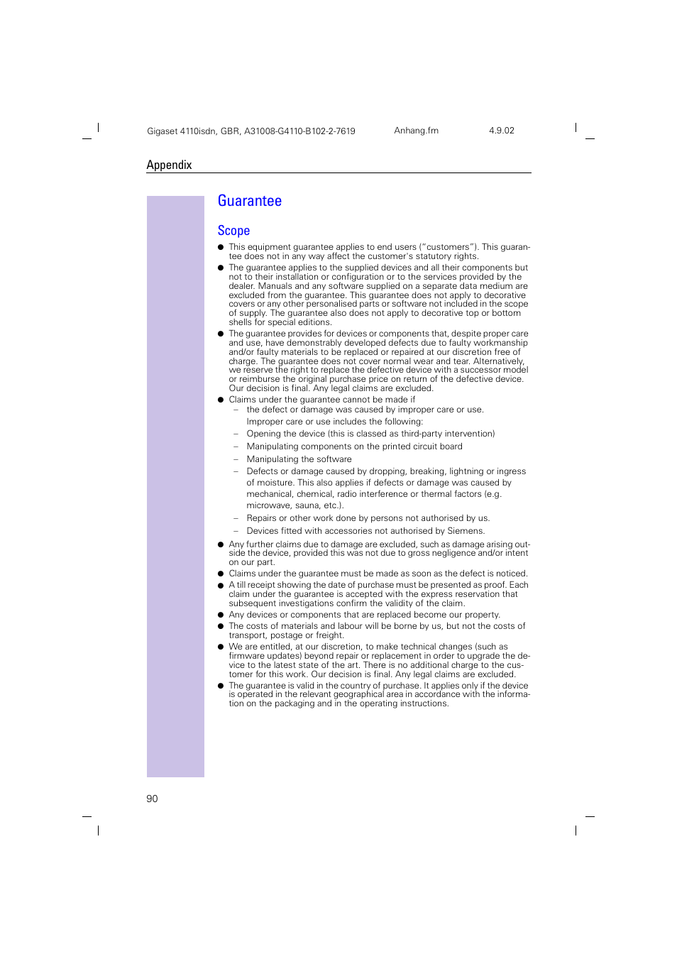 Guarantee, Scope, Appendix | Siemens 4110 User Manual | Page 91 / 116