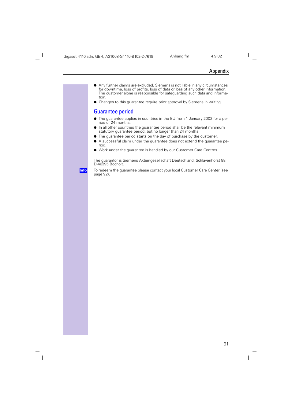 Guarantee period, Appendix | Siemens 4110 User Manual | Page 92 / 116