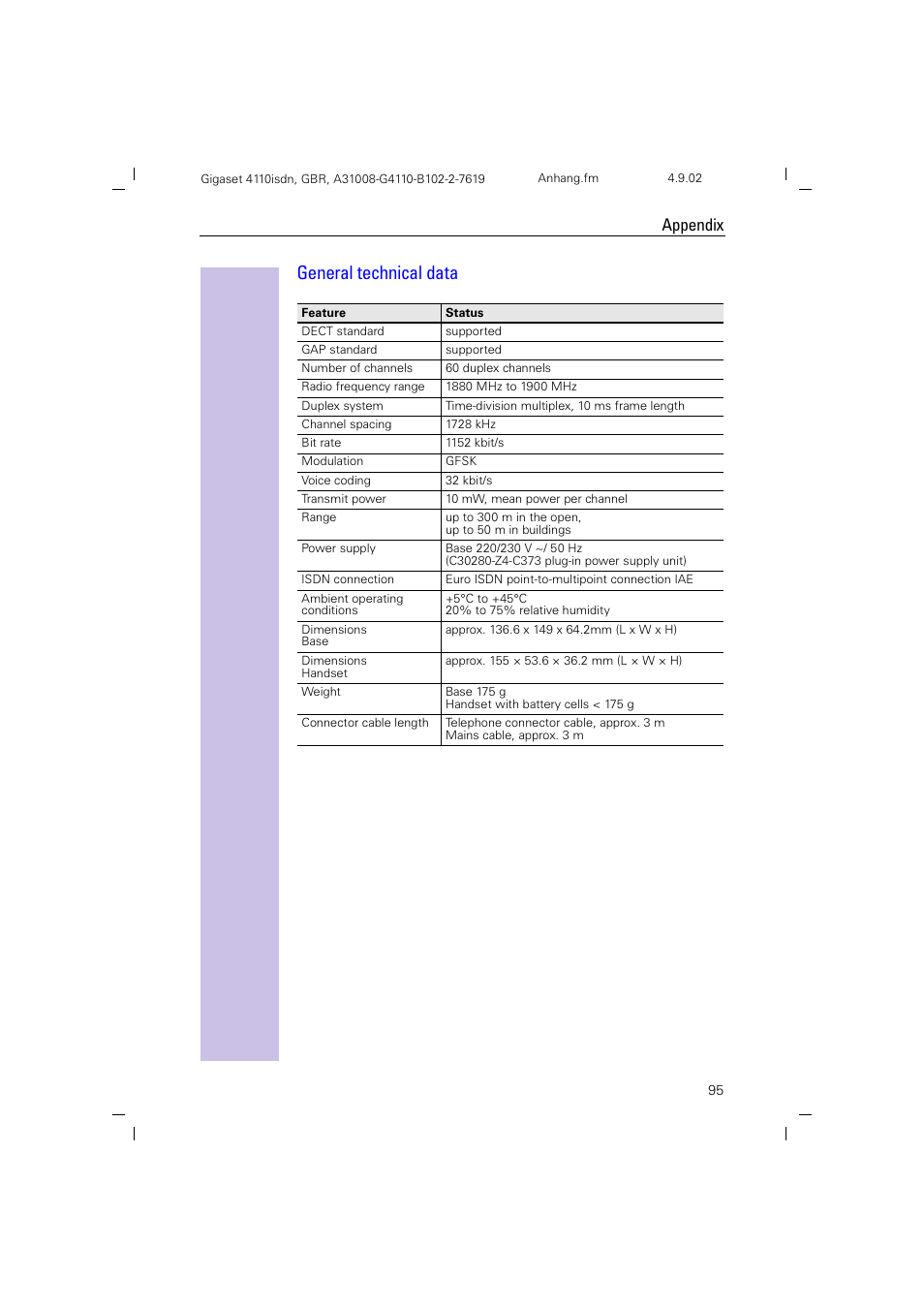 General technical data, Appendix | Siemens 4110 User Manual | Page 96 / 116