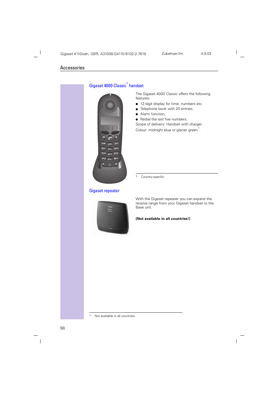 Gigaset 4000 classic handset gigaset repeater, Accessories, Gigaset 4000 classic | Handset gigaset repeater | Siemens 4110 User Manual | Page 99 / 116