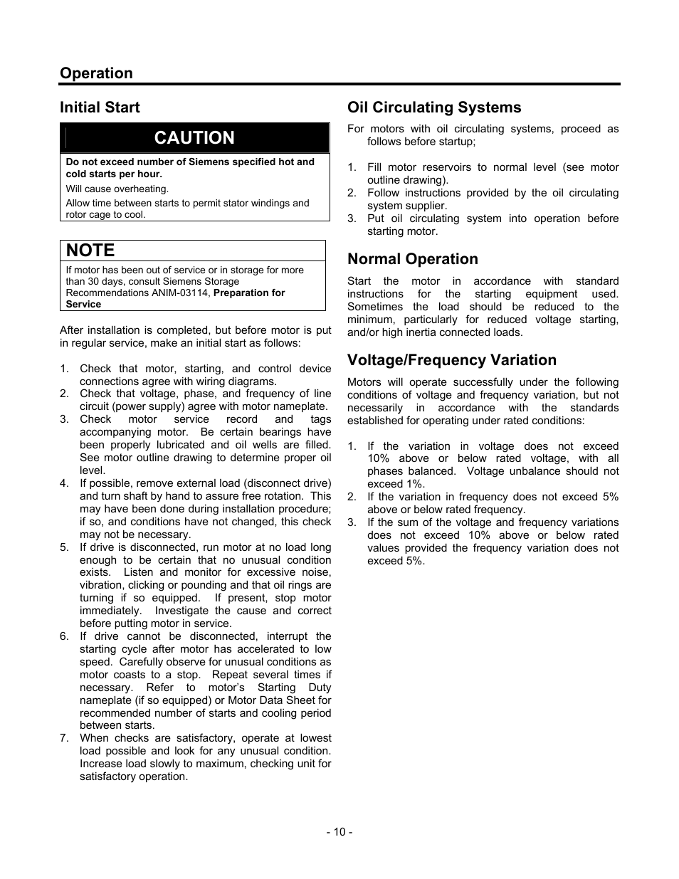 Operation, Initial start, Oil circulating systems | Normal operation, Voltage/frequency variation, Caution | Siemens CGZ User Manual | Page 11 / 34