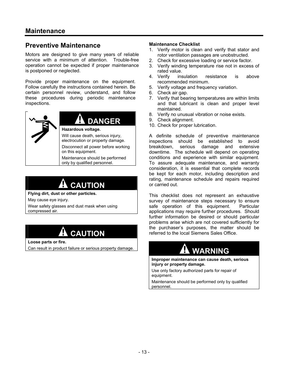 Maintenance, Preventive maintenance, Danger | Caution, Warning | Siemens CGZ User Manual | Page 14 / 34