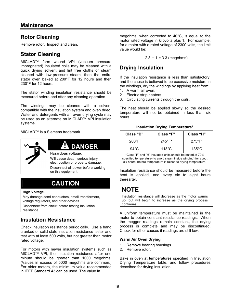 Rotor cleaning, Stator cleaning, Insulation resistance | Drying insulation, Danger, Caution, Maintenance | Siemens CGZ User Manual | Page 17 / 34