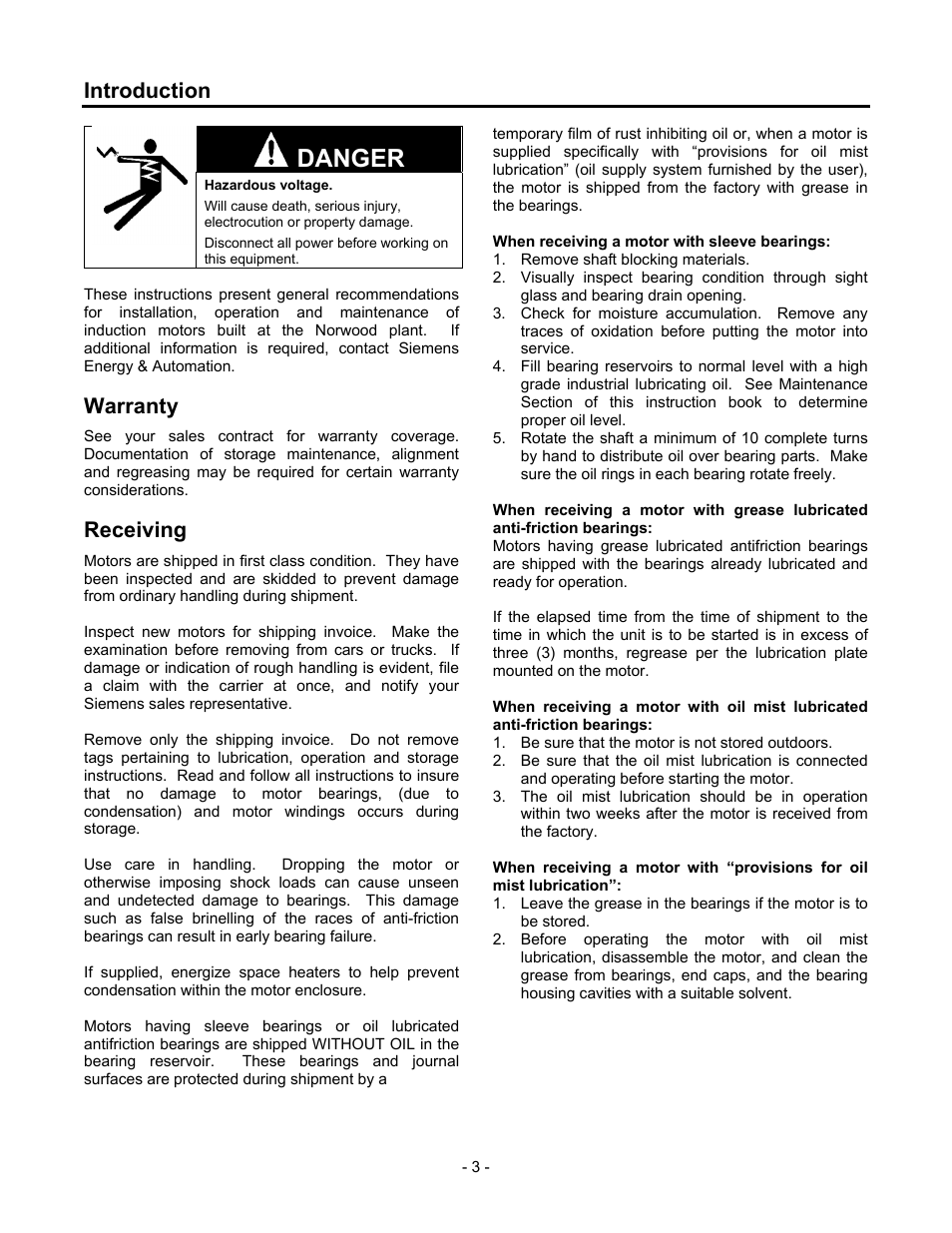 Introduction, Warranty, Receiving | Introduction 3, Danger | Siemens CGZ User Manual | Page 4 / 34