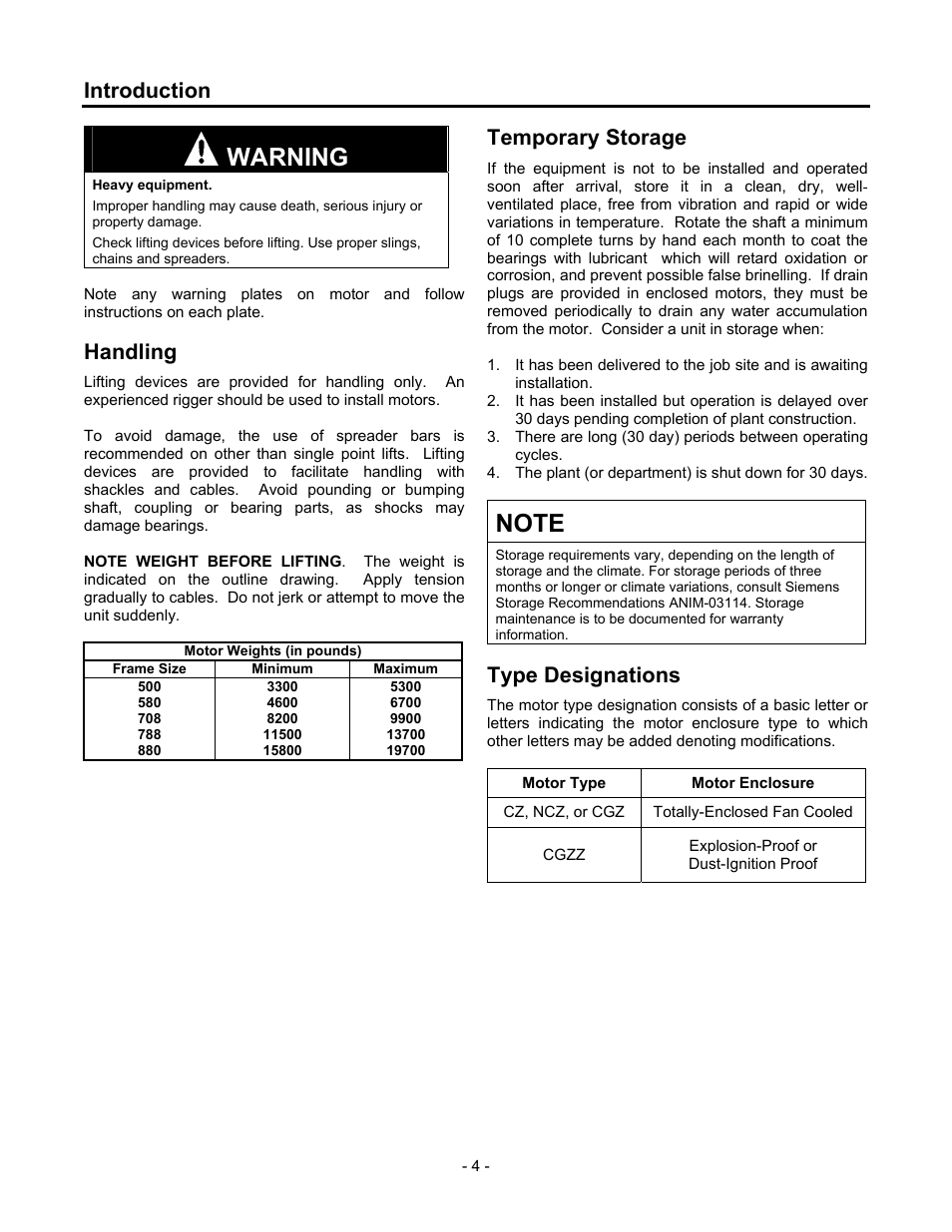 Handling, Temporary storage, Type designations | Warning, Introduction | Siemens CGZ User Manual | Page 5 / 34