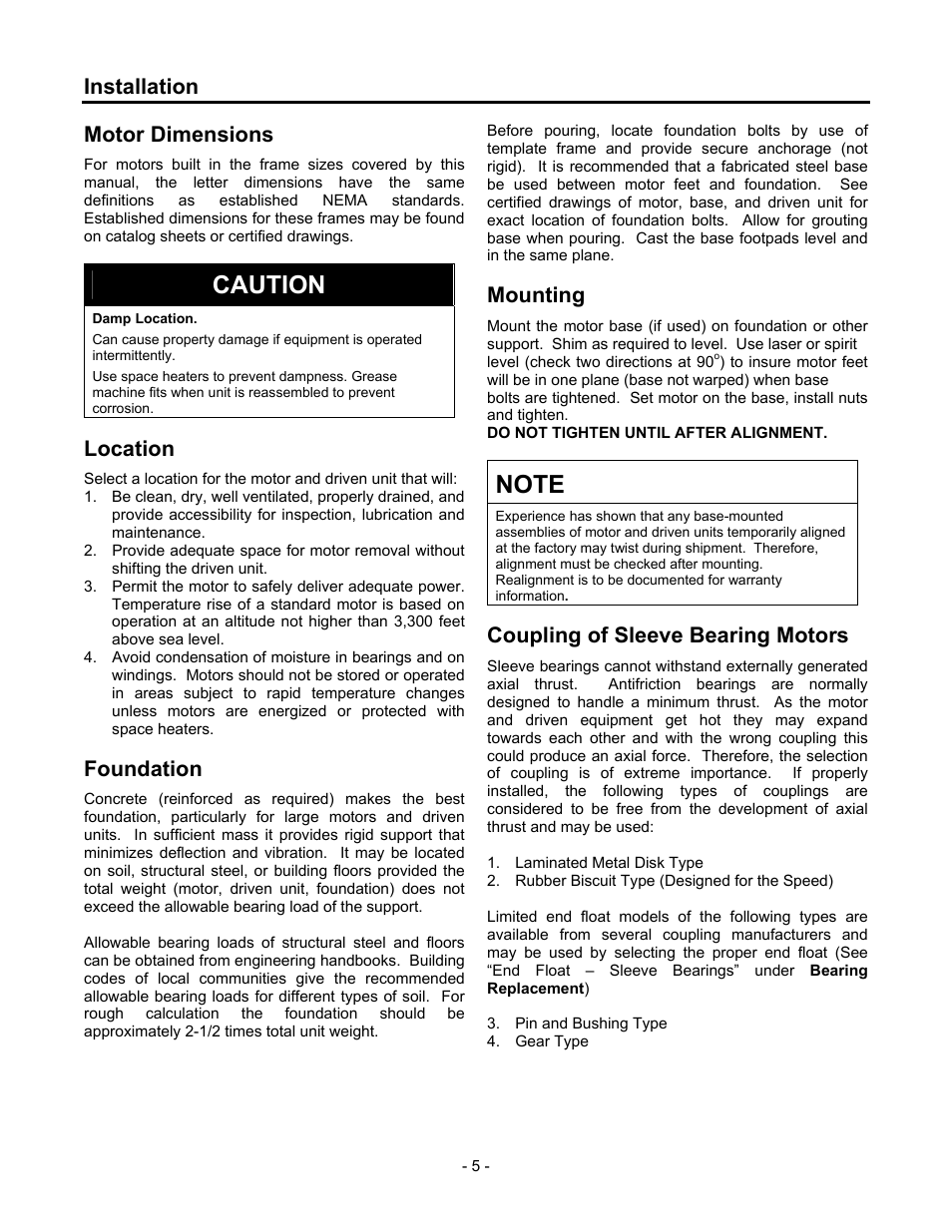 Installation, Motor dimensions, Location | Foundation, Mounting, Coupling of sleeve bearing motors, Installation 5, Caution | Siemens CGZ User Manual | Page 6 / 34