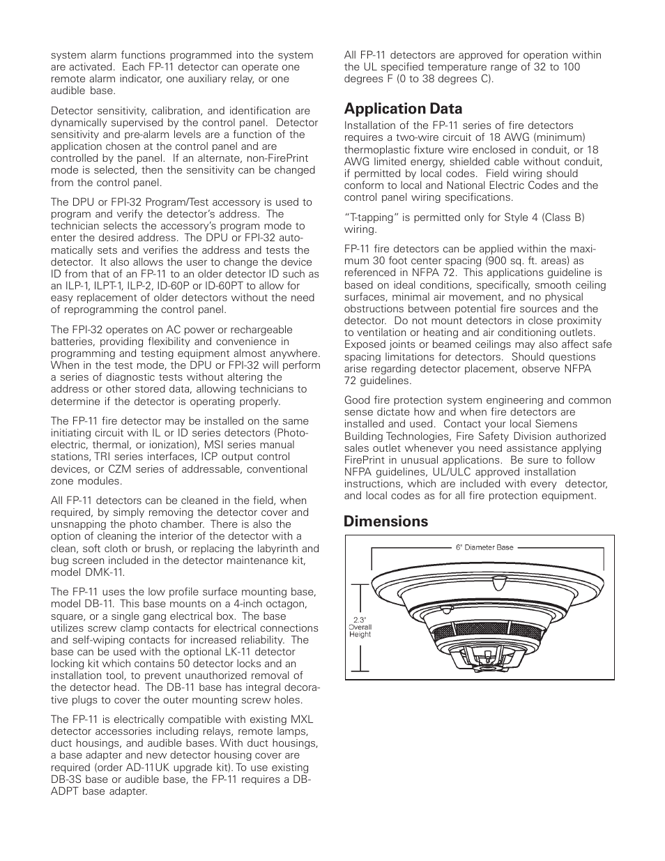 Application data, Dimensions | Siemens FP-11 User Manual | Page 3 / 4