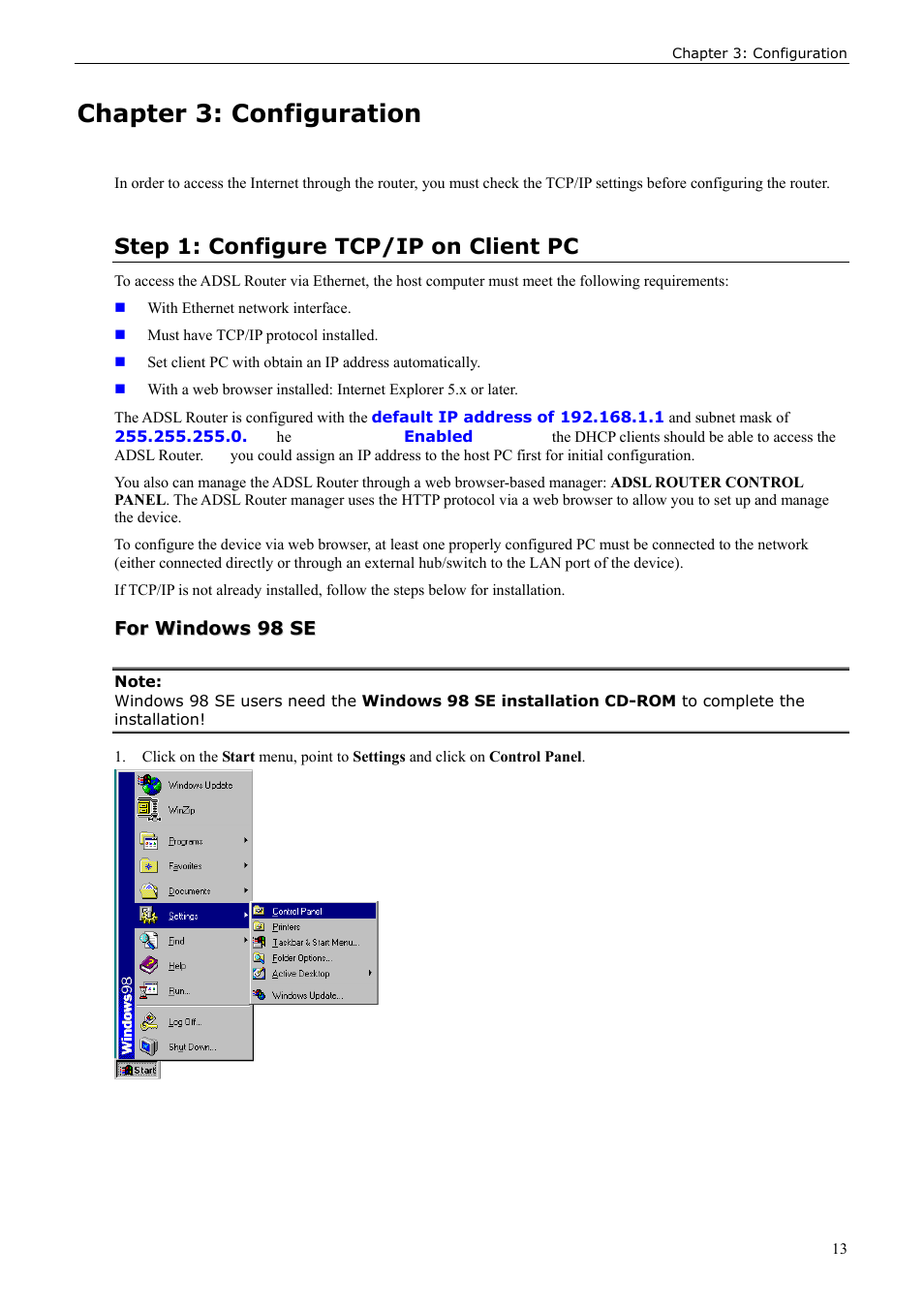 Chapter 3: configuration, Step 1: configure tcp/ip on client pc, For windows 98 se | Siemens ADSL 50 User Manual | Page 13 / 73