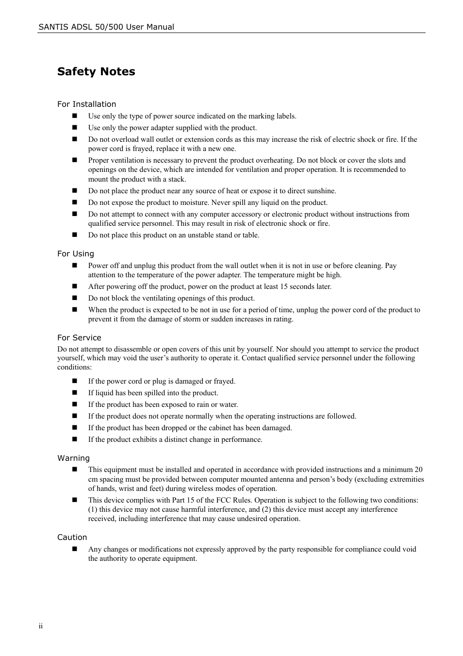 For installation, For using, For service | Warning, Caution | Siemens ADSL 50 User Manual | Page 2 / 73