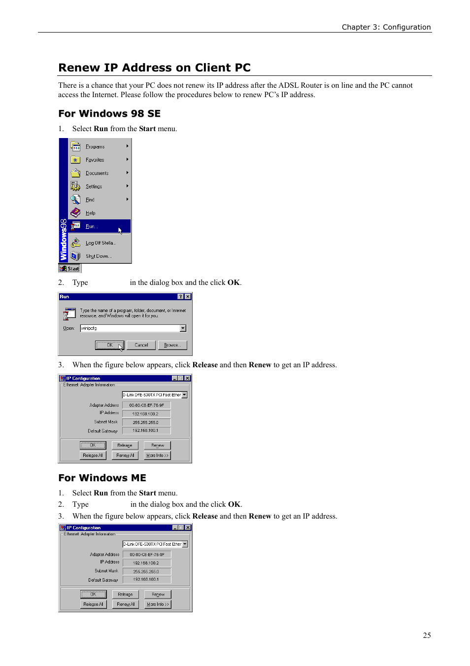 Renew ip address on client pc, For windows 98 se, For windows me | Siemens ADSL 50 User Manual | Page 25 / 73