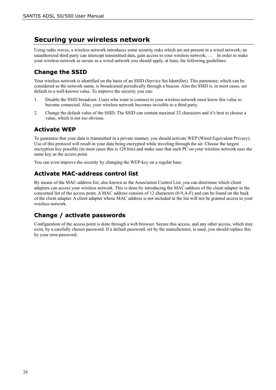 Securing your wireless network, Change the ssid, Activate wep | Activate mac-address control list, Change / activate passwords | Siemens ADSL 50 User Manual | Page 28 / 73