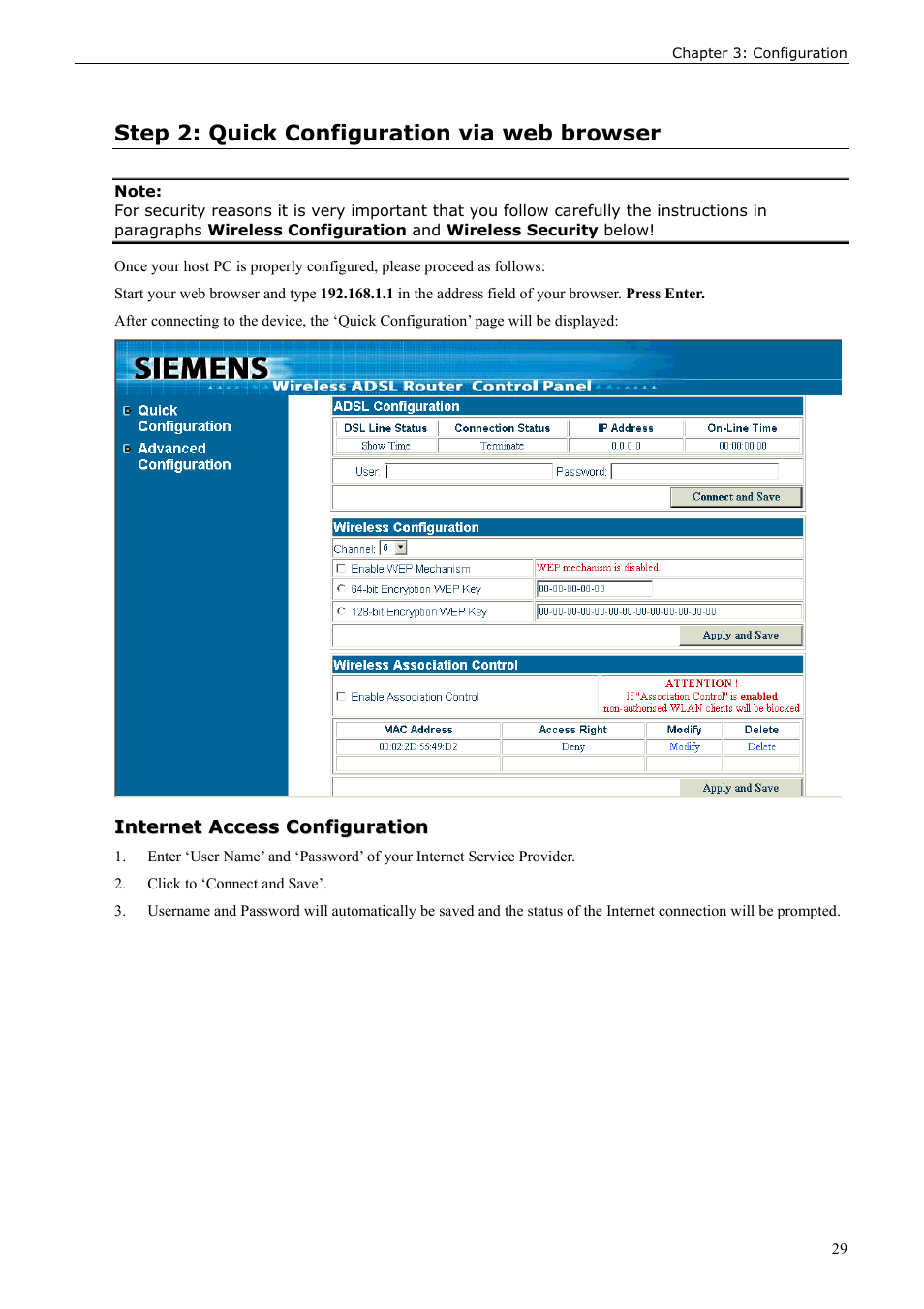 Step 2: quick configuration via web browser, Internet access configuration | Siemens ADSL 50 User Manual | Page 29 / 73