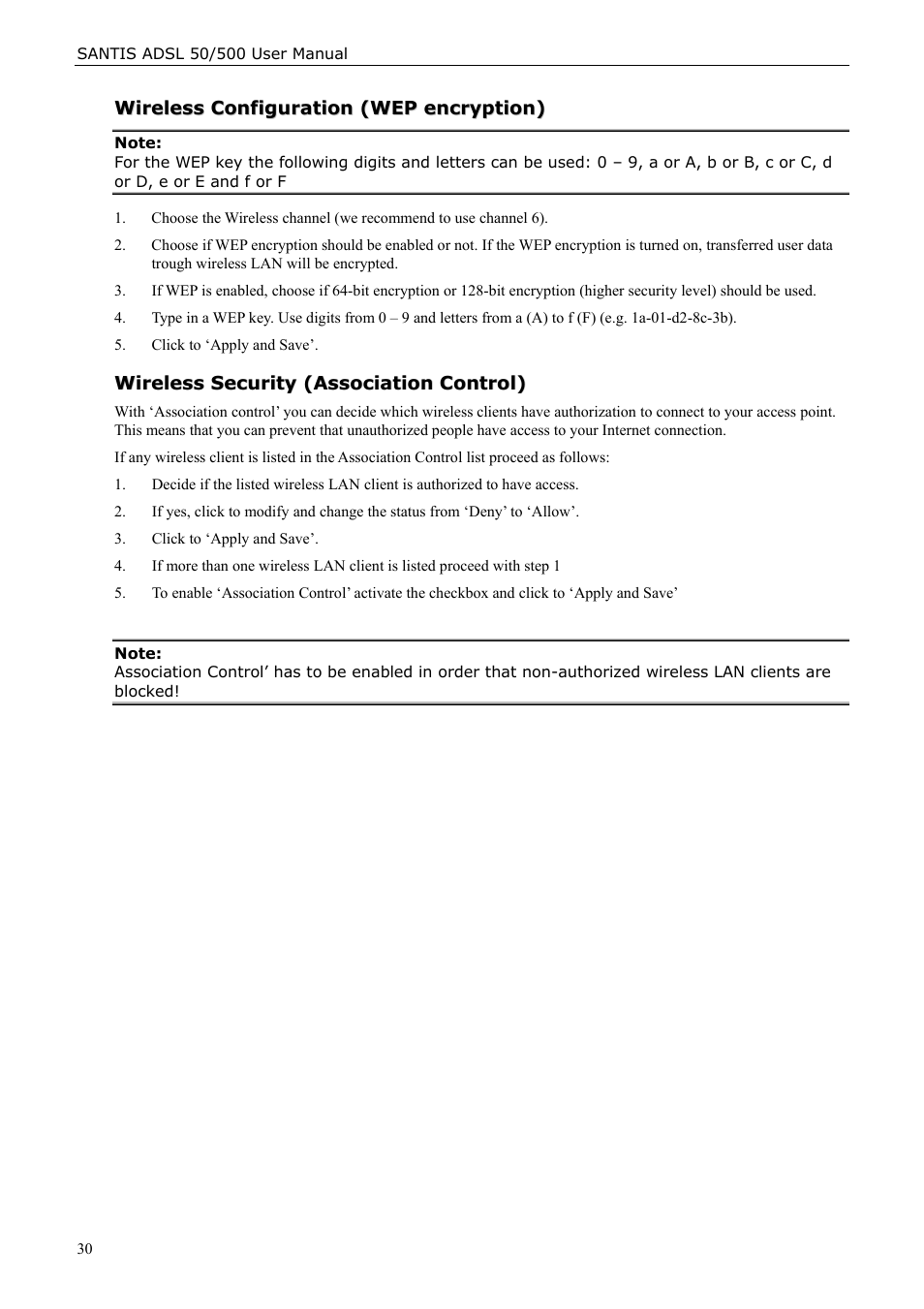 Wireless configuration (wep encryption), Wireless security (association control) | Siemens ADSL 50 User Manual | Page 30 / 73