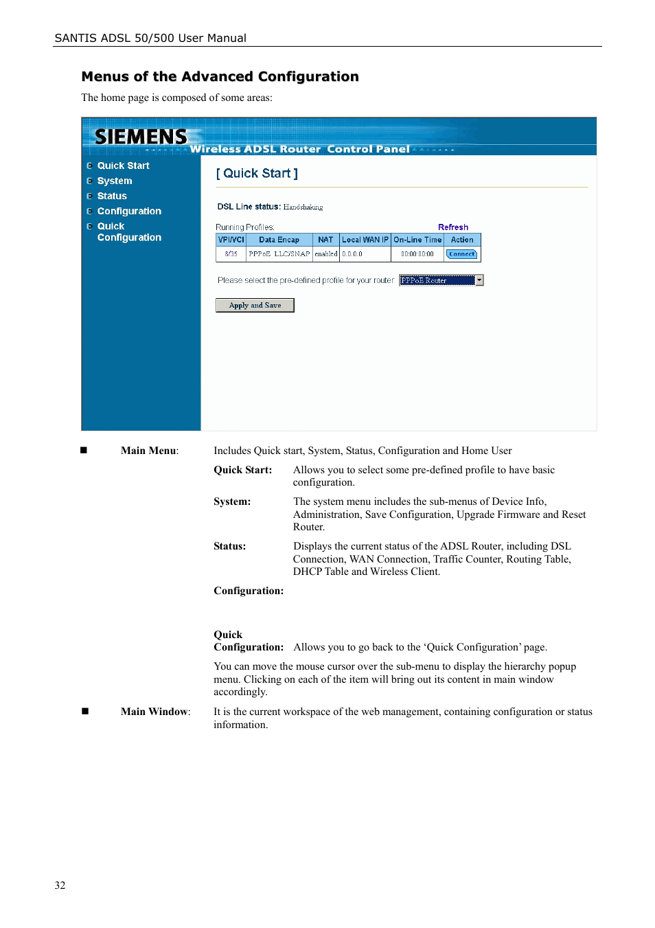 Menus of the advanced configuration | Siemens ADSL 50 User Manual | Page 32 / 73