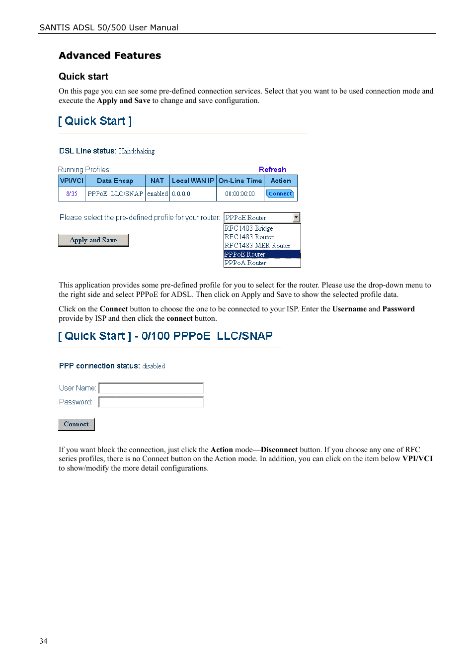 Advanced features, Quick start | Siemens ADSL 50 User Manual | Page 34 / 73