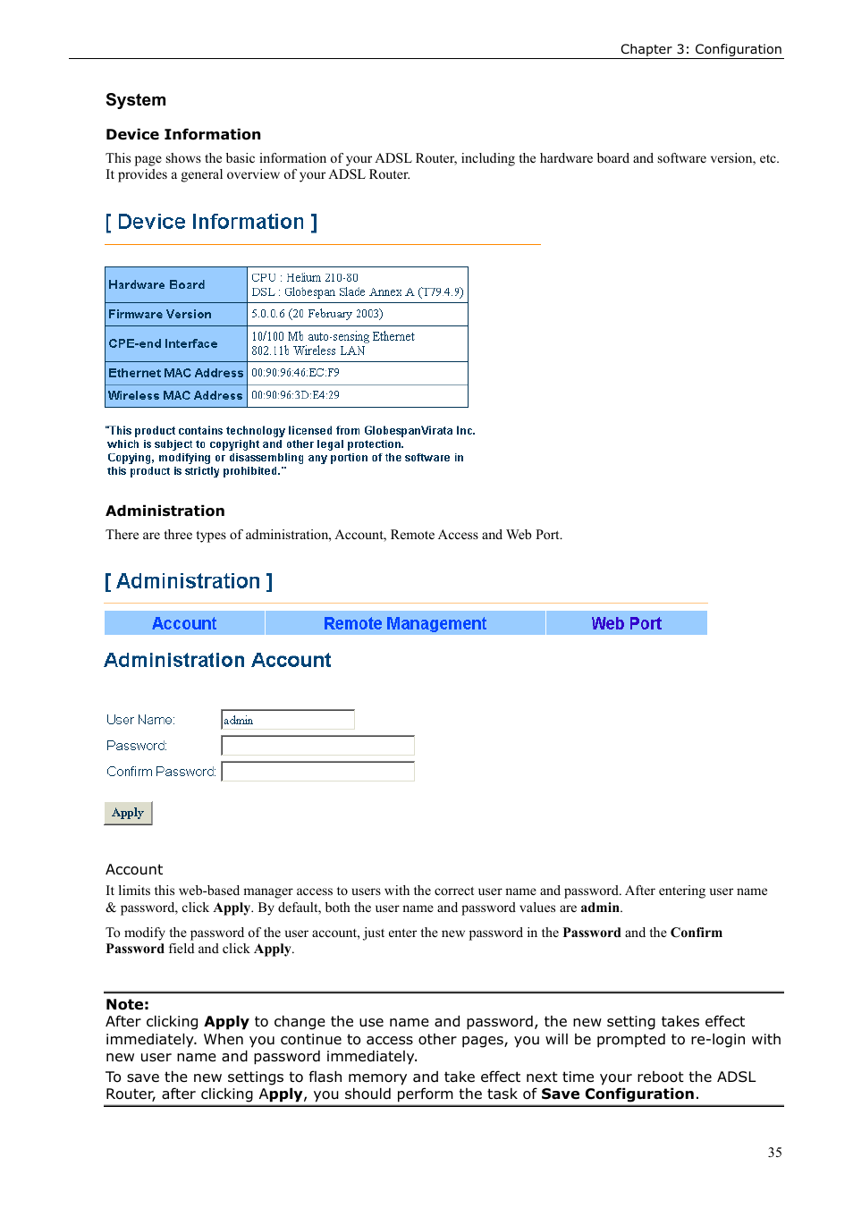 System, Device information, Administration | Account | Siemens ADSL 50 User Manual | Page 35 / 73