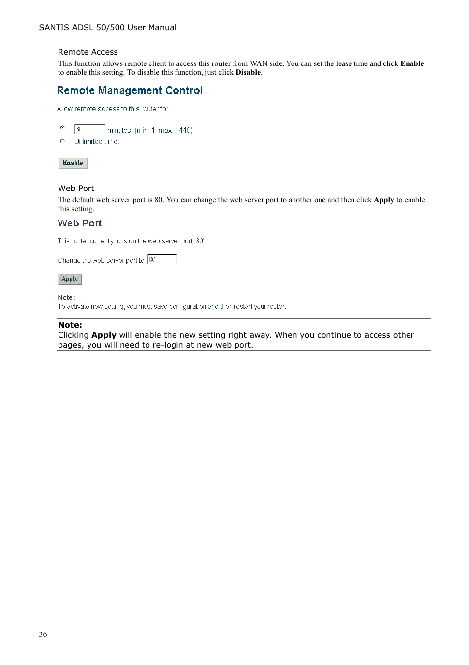 Remote access, Web port | Siemens ADSL 50 User Manual | Page 36 / 73