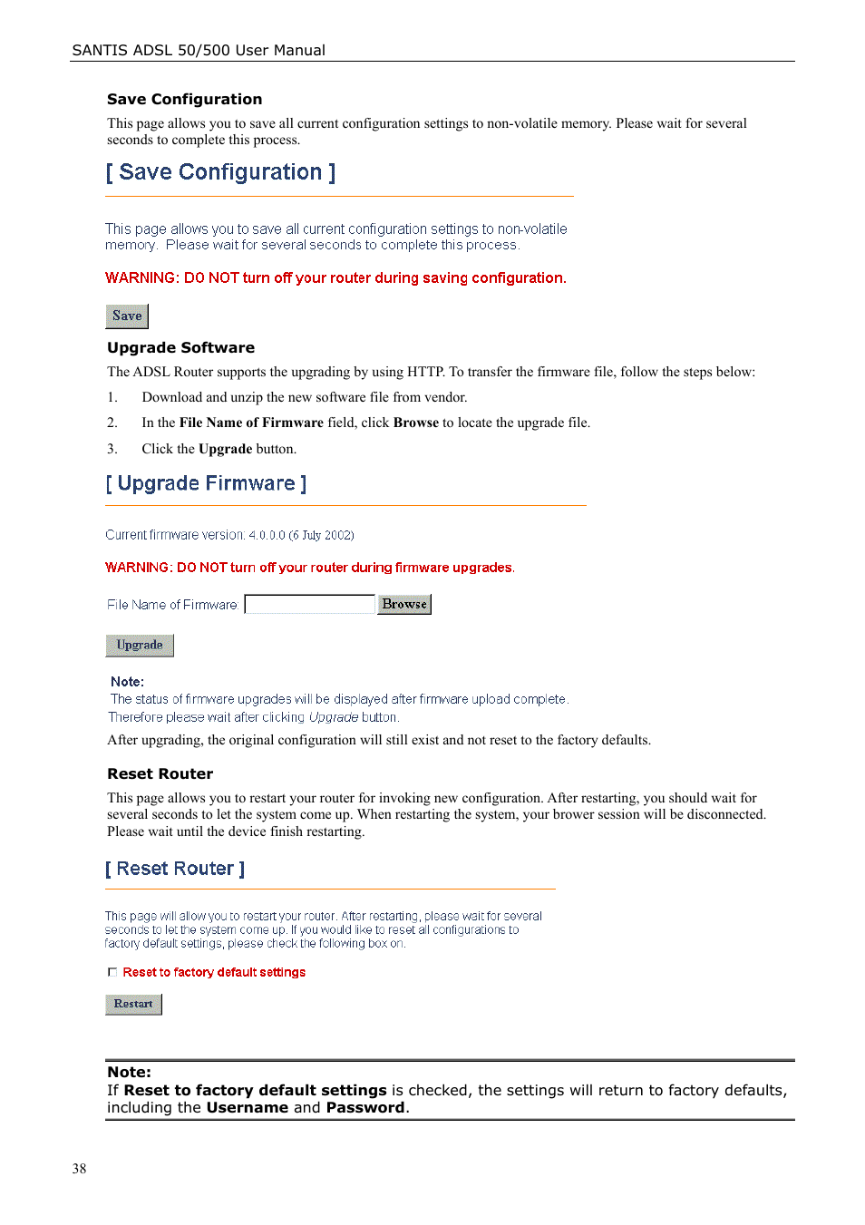 Save configuration, Upgrade software, Reset router | Siemens ADSL 50 User Manual | Page 38 / 73