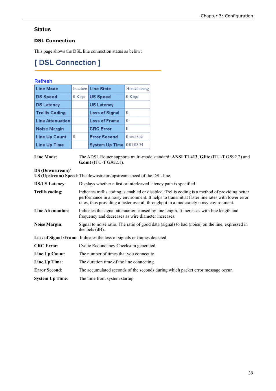 Status, Dsl connection | Siemens ADSL 50 User Manual | Page 39 / 73