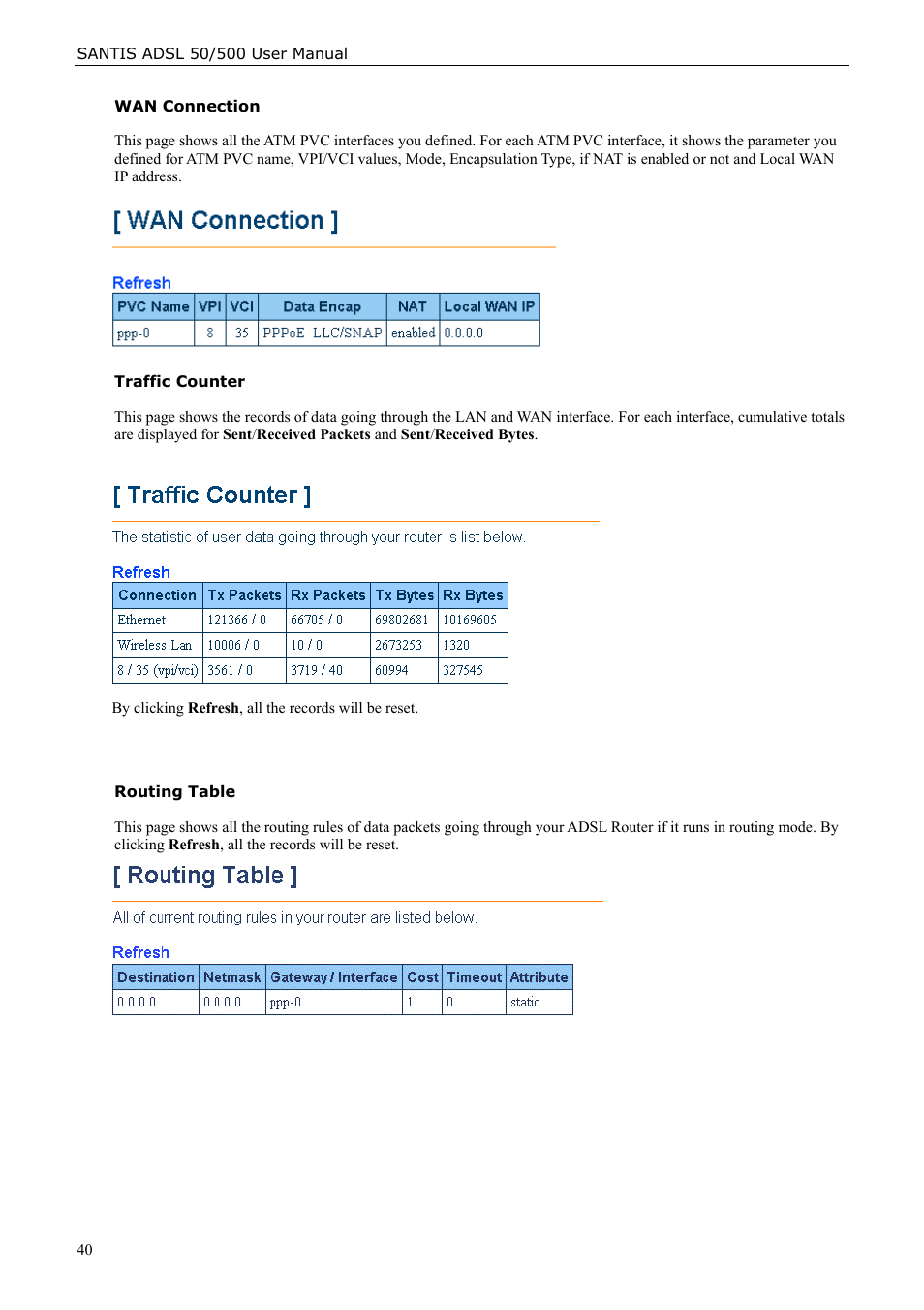 Wan connection, Traffic counter, Routing table | Siemens ADSL 50 User Manual | Page 40 / 73