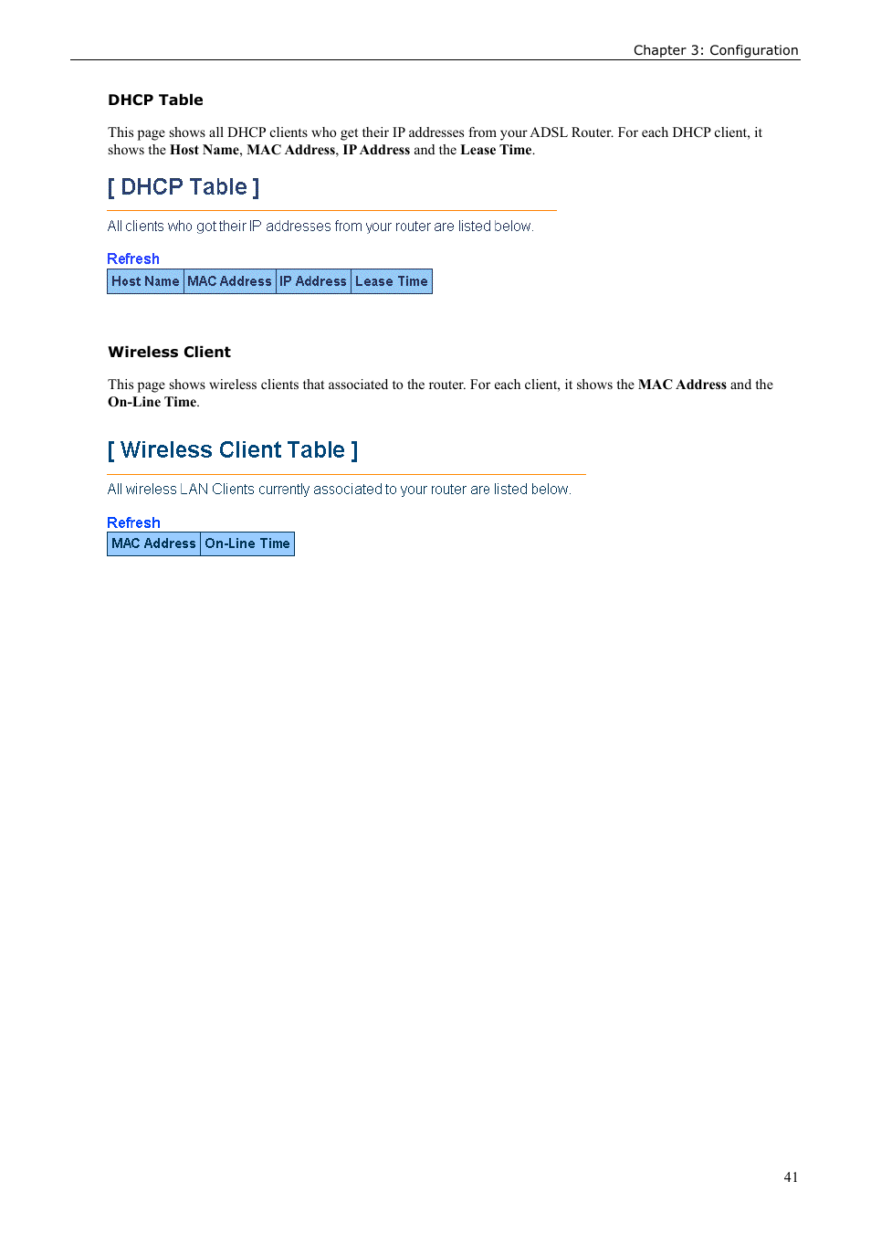 Dhcp table, Wireless client | Siemens ADSL 50 User Manual | Page 41 / 73