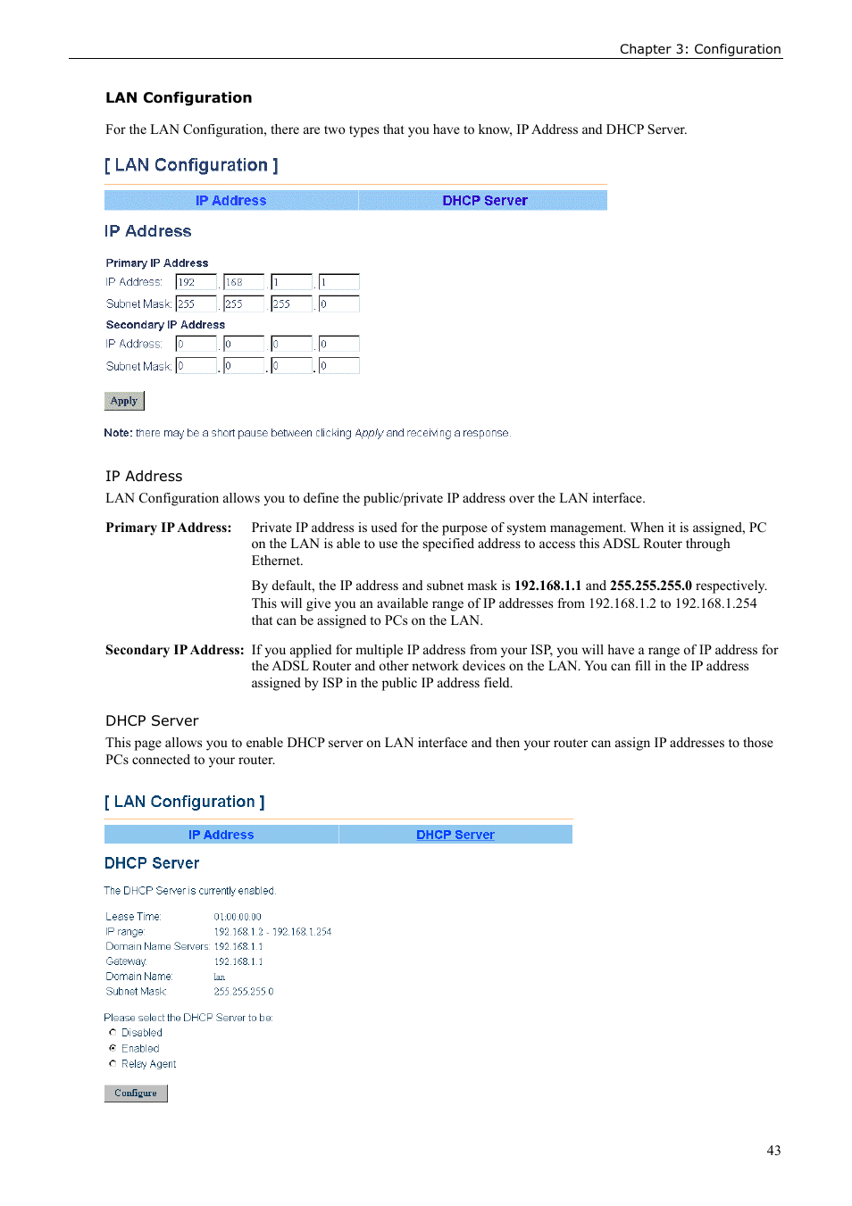 Lan configuration, Ip address, Dhcp server | Siemens ADSL 50 User Manual | Page 43 / 73