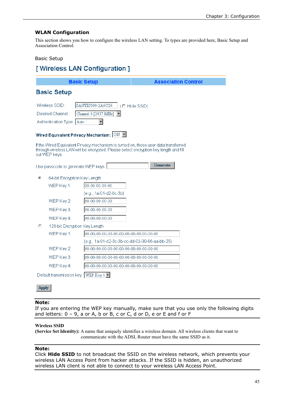 Wlan configuration, Basic setup | Siemens ADSL 50 User Manual | Page 45 / 73