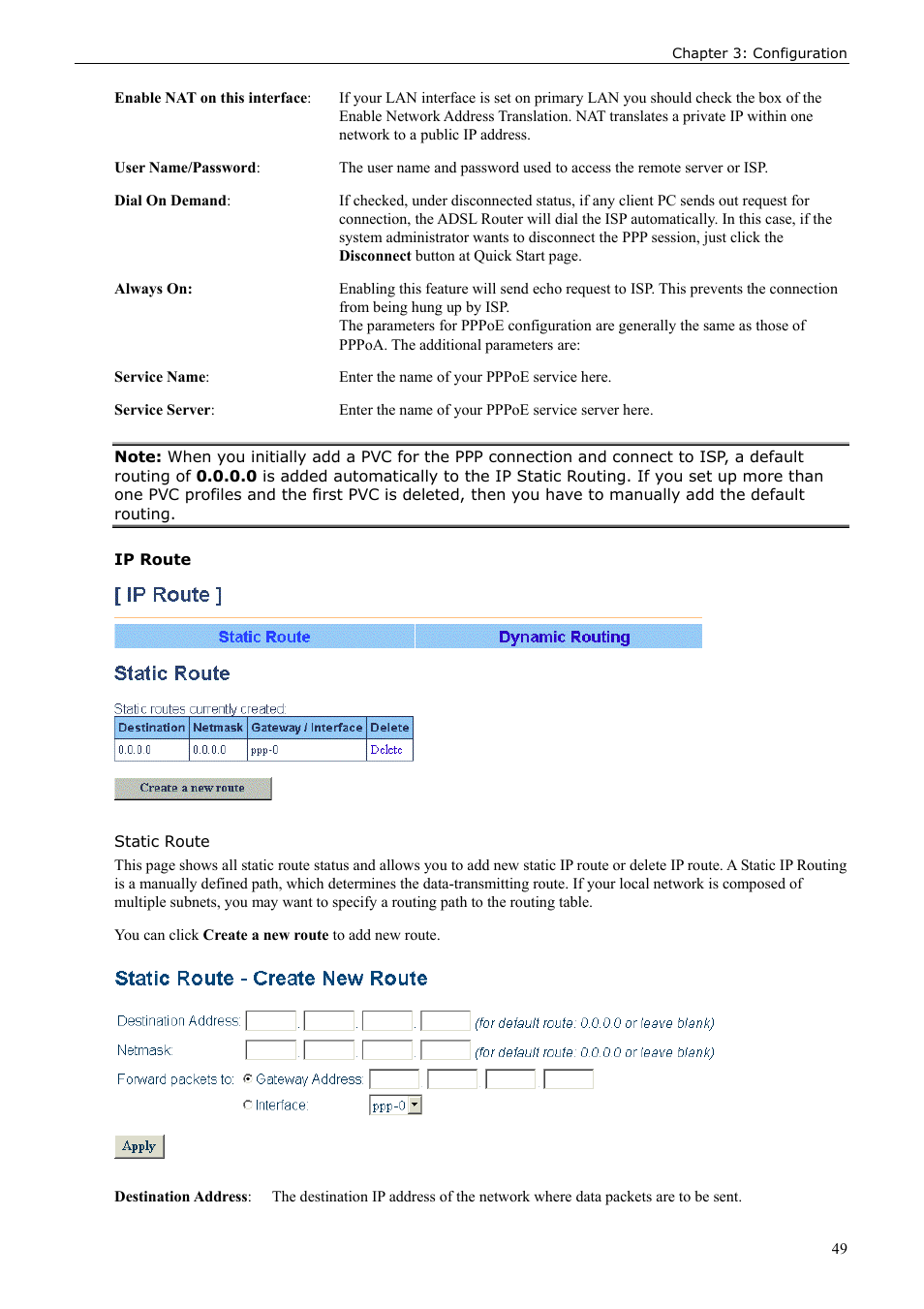 Ip route, Static route | Siemens ADSL 50 User Manual | Page 49 / 73