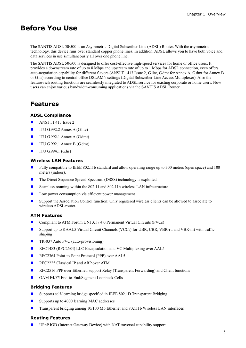 Before you use, Features, Adsl compliance | Wireless lan features, Atm features, Bridging features, Routing features | Siemens ADSL 50 User Manual | Page 5 / 73