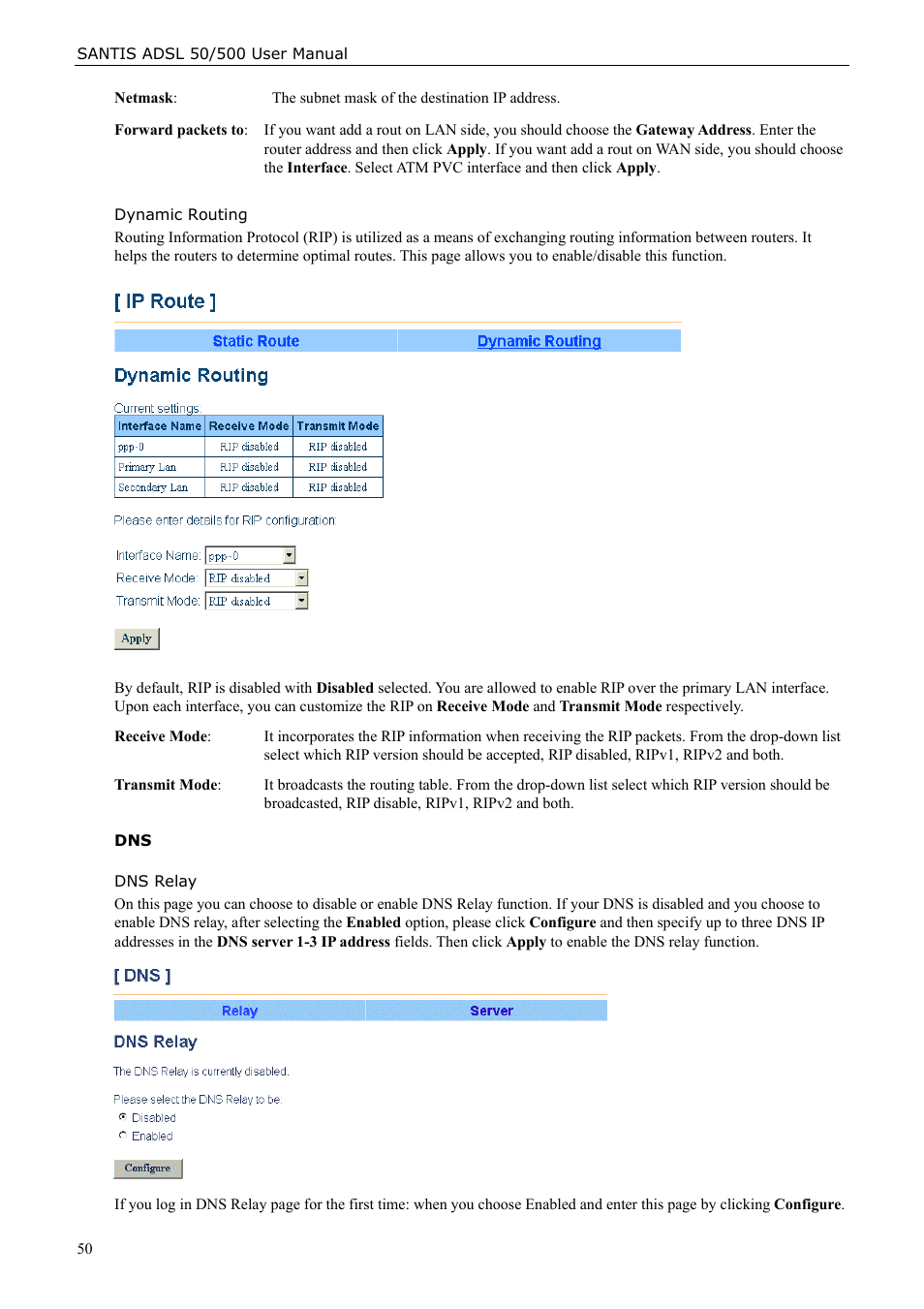 Dynamic routing, Dns relay | Siemens ADSL 50 User Manual | Page 50 / 73