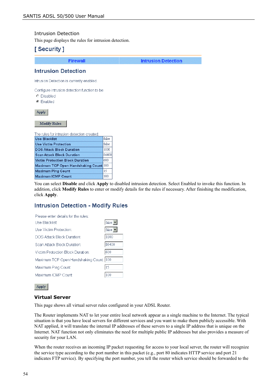 Intrusion detection, Virtual server | Siemens ADSL 50 User Manual | Page 54 / 73