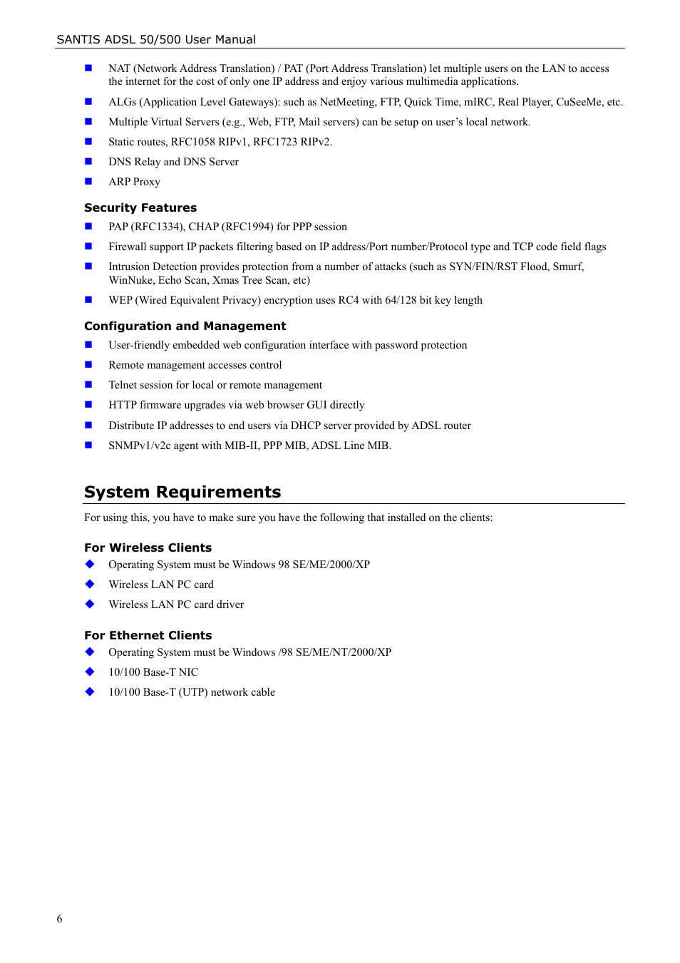 Security features, Configuration and management, System requirements | Siemens ADSL 50 User Manual | Page 6 / 73