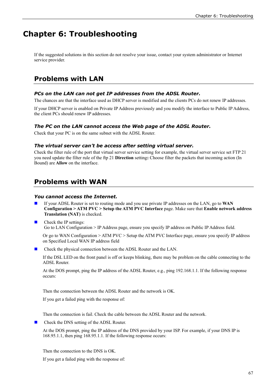 Chapter 6: troubleshooting, Problems with lan, Problems with wan | Siemens ADSL 50 User Manual | Page 67 / 73