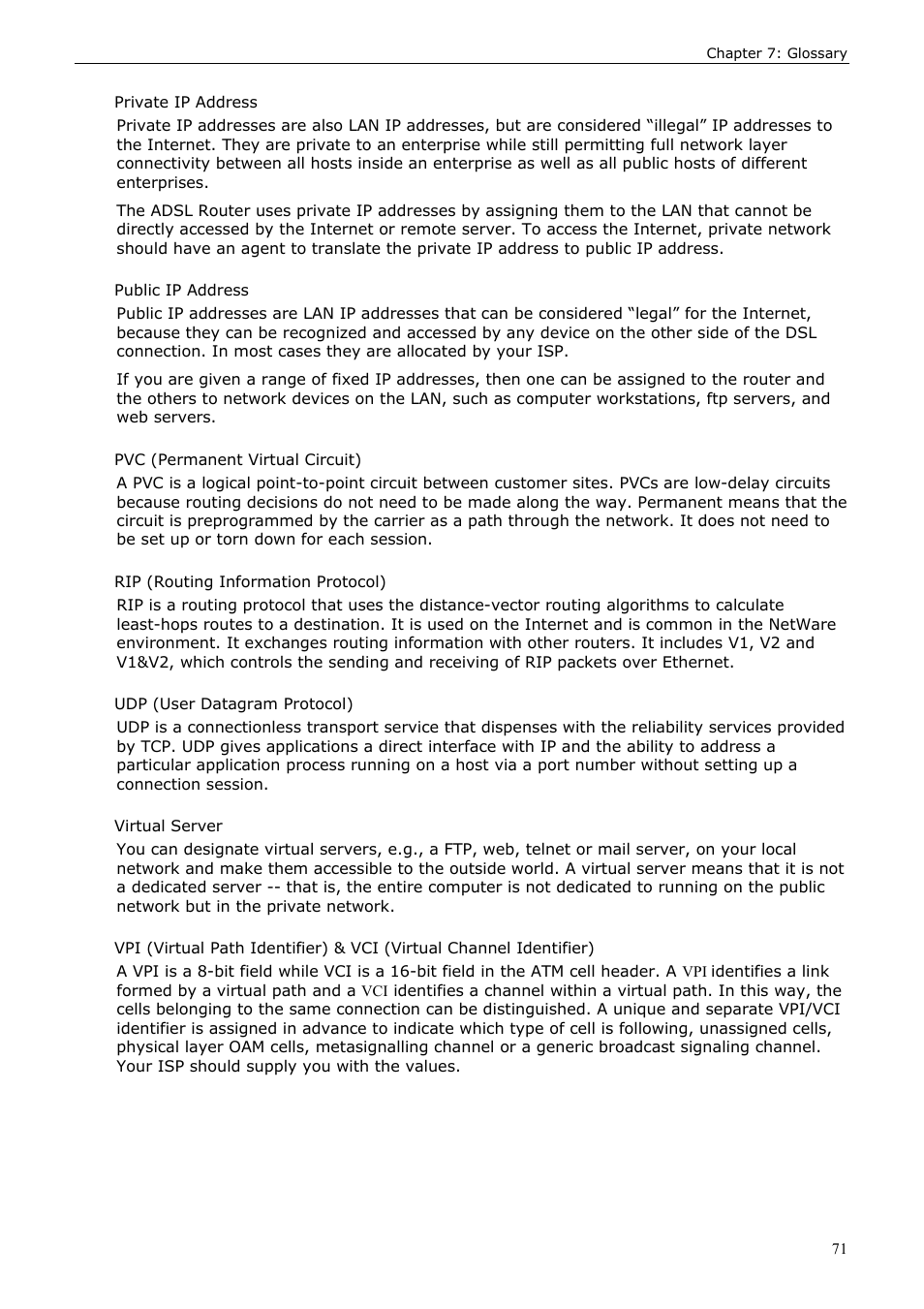 Private ip address, Public ip address, Pvc (permanent virtual circuit) | Rip (routing information protocol), Udp (user datagram protocol), Virtual server | Siemens ADSL 50 User Manual | Page 71 / 73