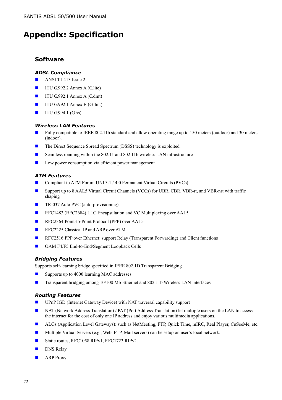 Appendix: specification, Software | Siemens ADSL 50 User Manual | Page 72 / 73