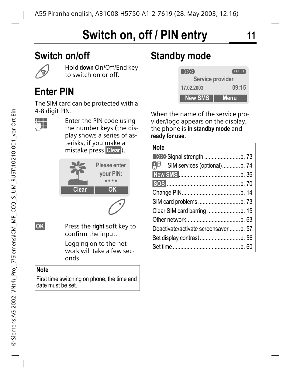 Switch on, off / pin entry, Switch on/off, Enter pin | Standby mode | Siemens A55 User Manual | Page 12 / 97