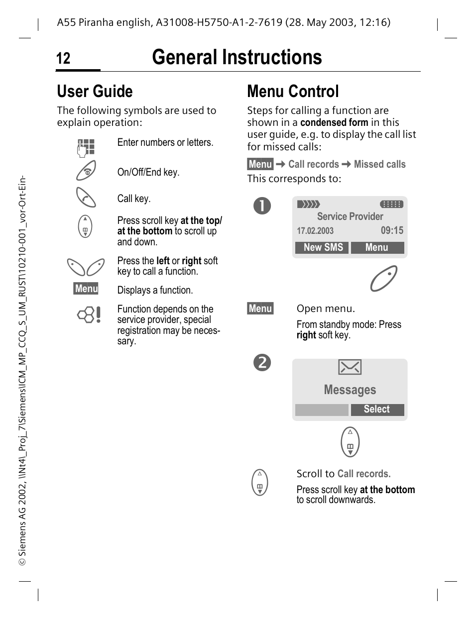 General instructions, User guide, Menu control | User guide menu control | Siemens A55 User Manual | Page 13 / 97
