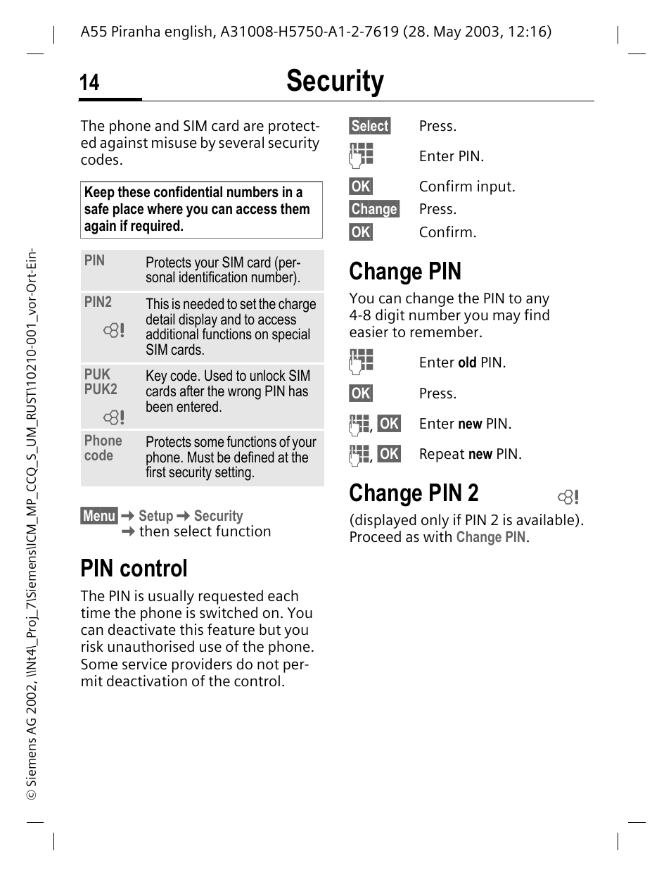 Security, Change pin, P. 14 | Pin control, Change pin 2 | Siemens A55 User Manual | Page 15 / 97