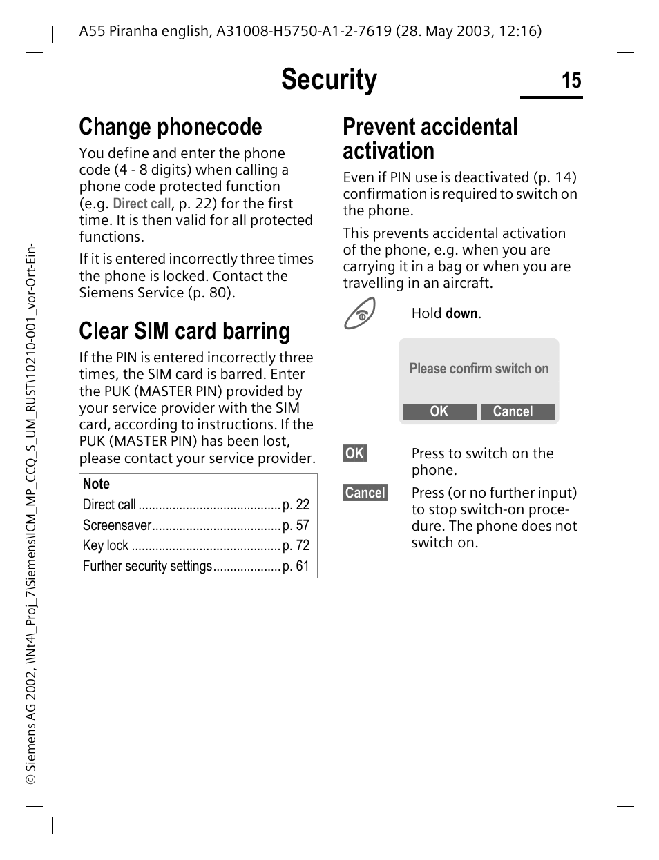 P. 15, Security, Change phonecode | Clear sim card barring, Prevent accidental activation | Siemens A55 User Manual | Page 16 / 97