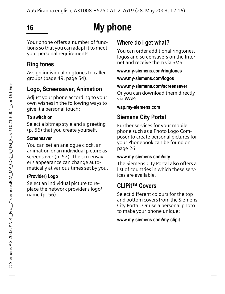 My phone, Ring tones, Logo, screensaver, animation | Where do i get what, Siemens city portal, Clipit™ covers | Siemens A55 User Manual | Page 17 / 97