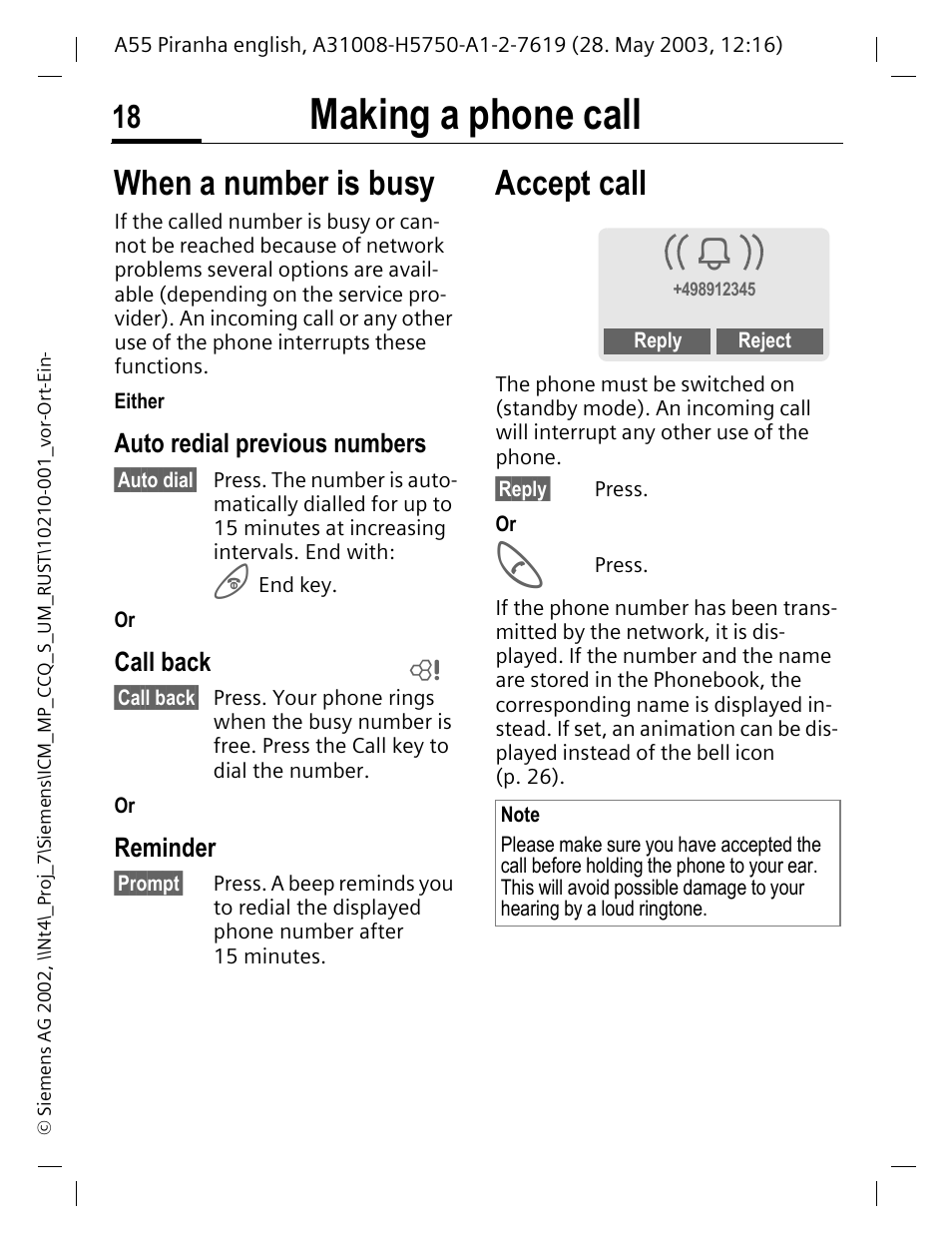 When a number is busy, Auto redial previous numbers, Call back | Reminder, Accept call, When a number is busy accept call, Making a phone call | Siemens A55 User Manual | Page 19 / 97