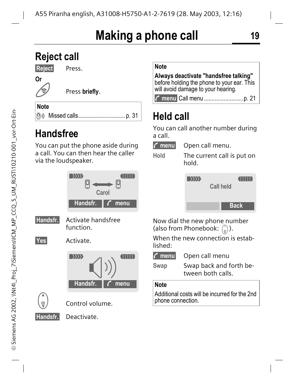 Reject call, Handsfree, Held call | Reject call handsfree, P. 19), P. 19, Making a phone call | Siemens A55 User Manual | Page 20 / 97