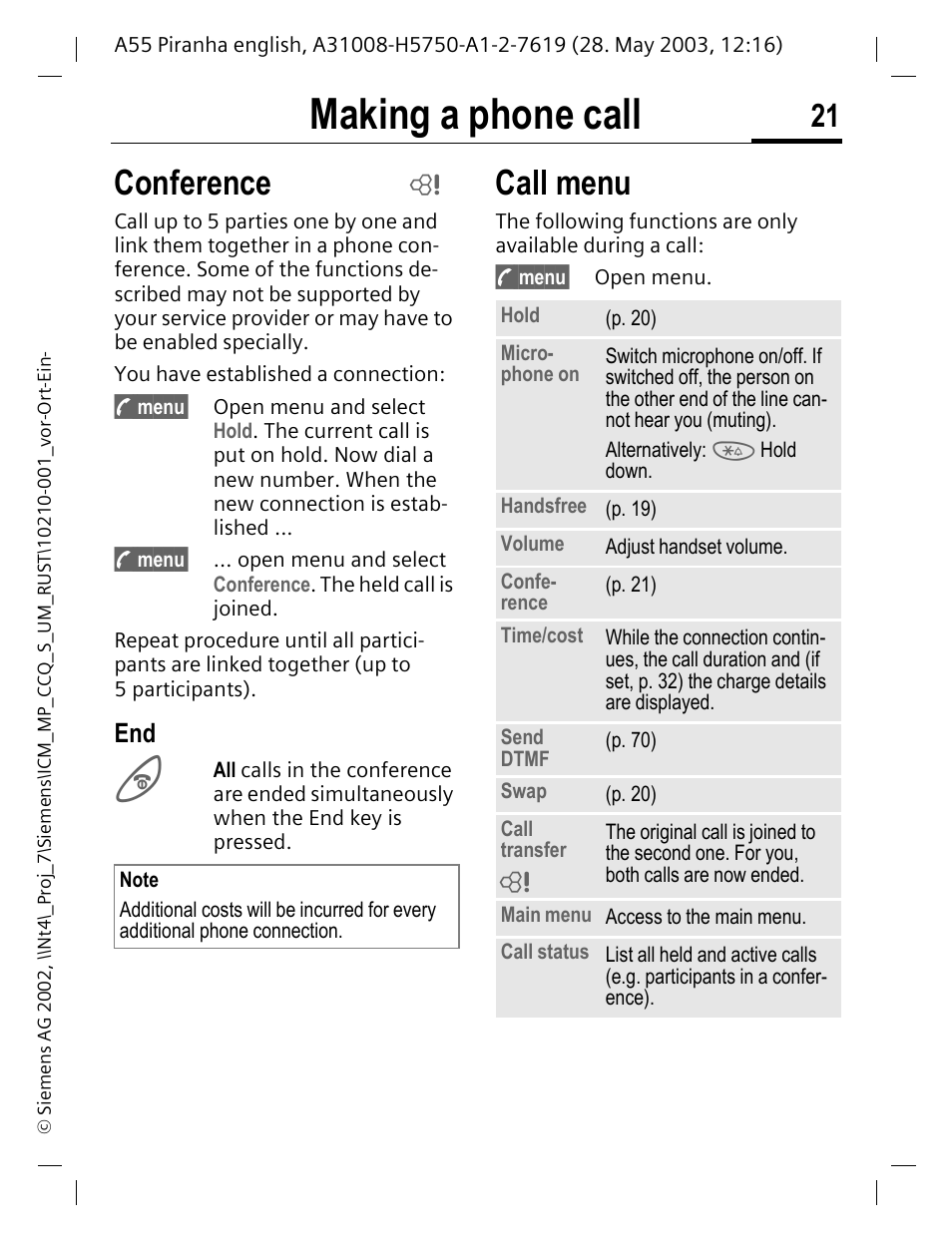 Conference, Call menu, Conference call menu | P. 21, Making a phone call | Siemens A55 User Manual | Page 22 / 97