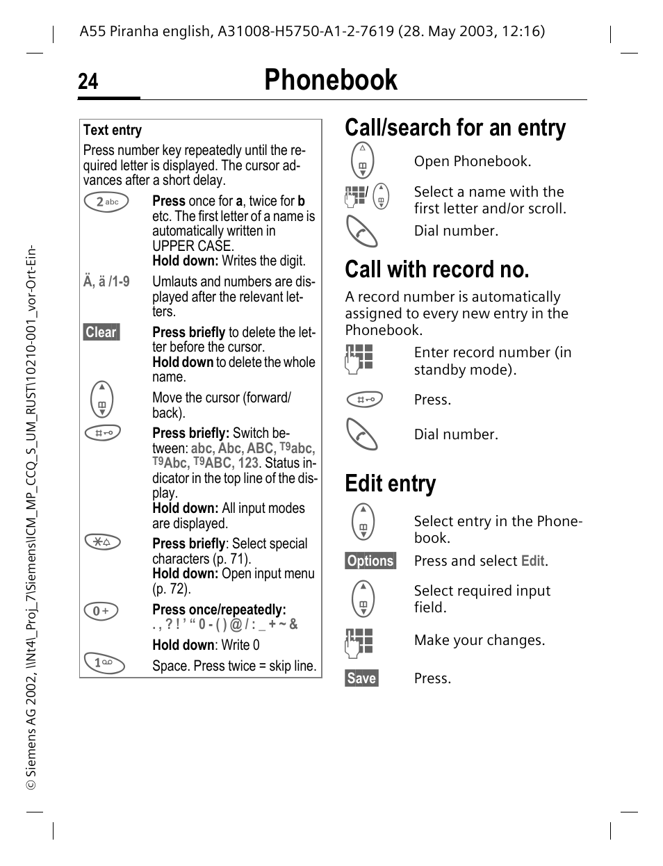 Call/search for an entry, Call with record no, Edit entry | Call/search for an entry call with record no, Enter (text entry, p. 24), Ed (p. 24), Phonebook | Siemens A55 User Manual | Page 25 / 97