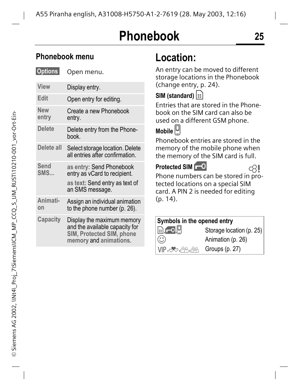 Phonebook menu, Location, P. 25) | Phonebook | Siemens A55 User Manual | Page 26 / 97